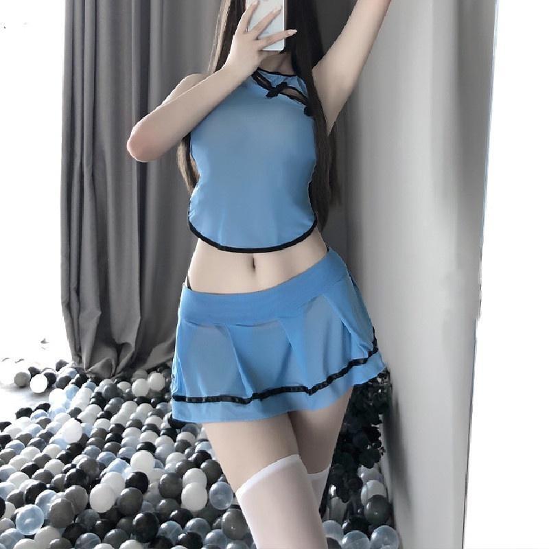 Transparent Womens Sexy Short Skirt Set Chinese Cheongsam Style Backless Underwear Skirt Set