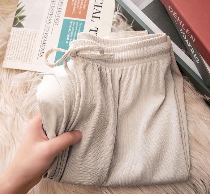Women's Summer Ice Silk Ribbed High-Waisted Wide-Leg Pants - Lightweight, Breathable, and Sun-Protective