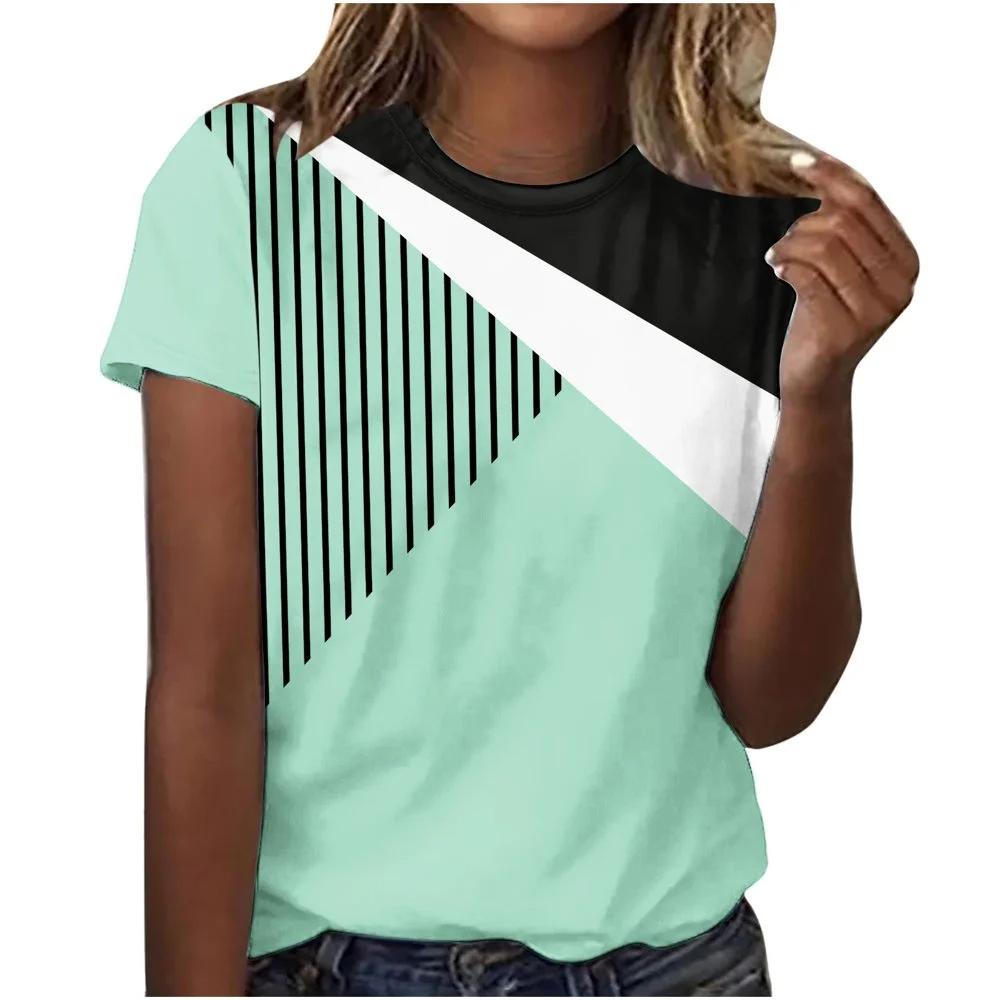 Sommer Mode T-Shirt Damen Einfach Diagonale Streifen 3D Gedruckt Street Casual Harajuku T-Shirt Damen Rundhals T-Shirt Oberteile Kleidung