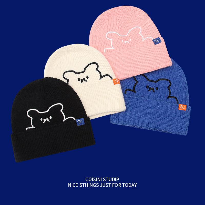 New cute bear embroidered wool hat women's autumn and winter warm ear protection cloth label knitted hat men's versatile women