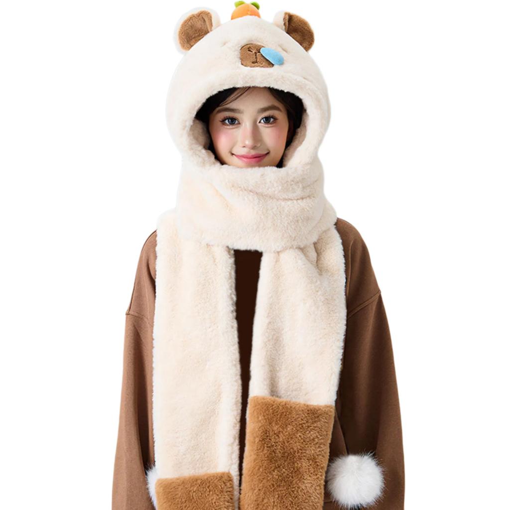 Furry Cartoon Head Cover with Scarf Gloves Set Thicken Furry Hat Oversized Headgear Hat for Winter Commute