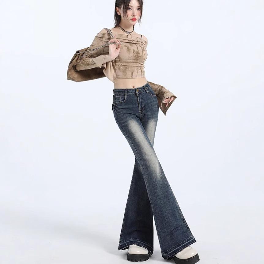Retro Blue High-Waist Micro Flare Jeans with Slimming Raw Edge Design for Women - Spring & Autumn