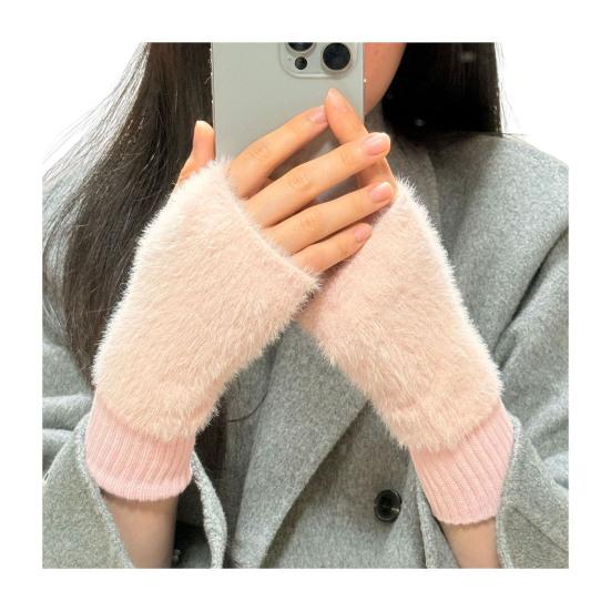 Fingerless Gloves for Women Faux Fur Thumb Hole Half Finger Gloves Stretchy Warm Winter Typing Writing Mittens