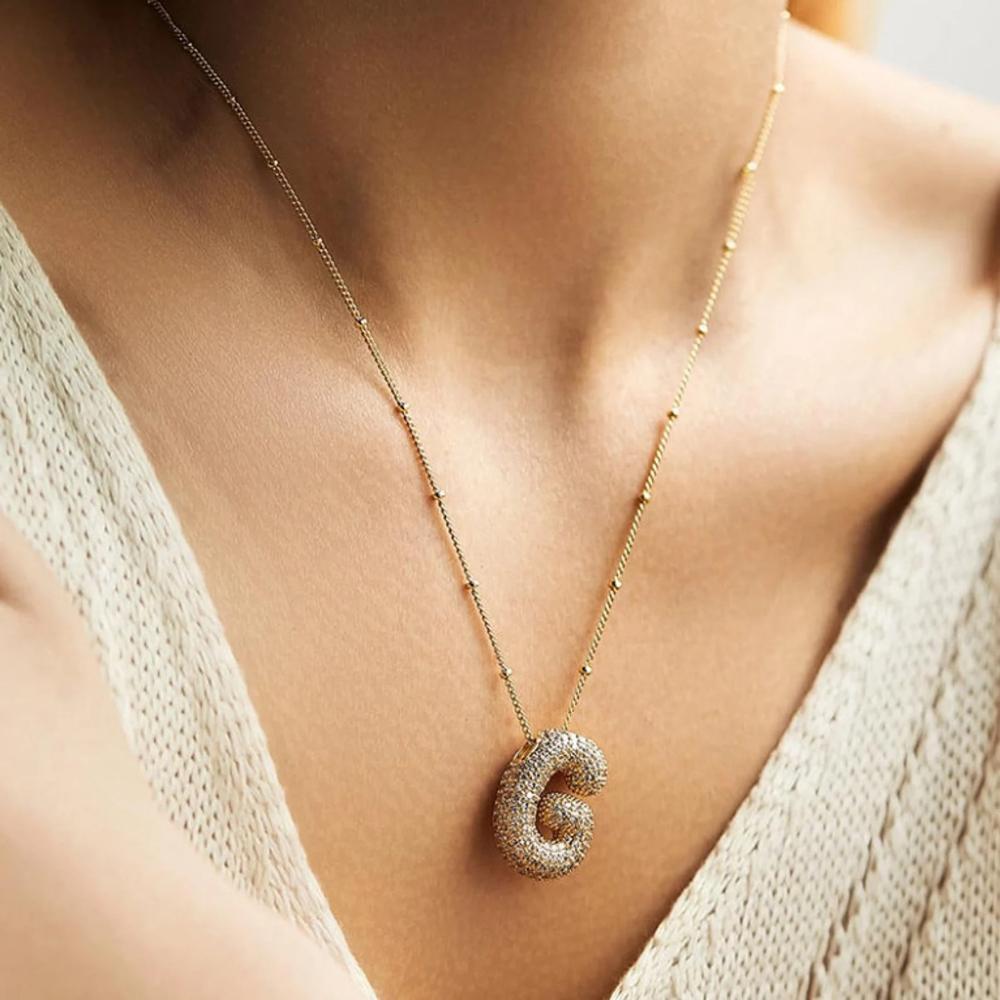 

Dainty Shiny CZ Zircon Chunky Letter Initial Necklace Gold Plated Alphabet Balloon Bubble Neckalces Zircon for Women Girls Gift R золотой