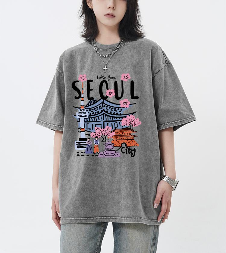 Seoul Schöne Landschaft Bedrucktes Gewaschenes T-Shirt Damen Atmungsaktiv Neue Baumwolle Cooles T-Shirt Sommer Snow Wash Kleidung Unisex