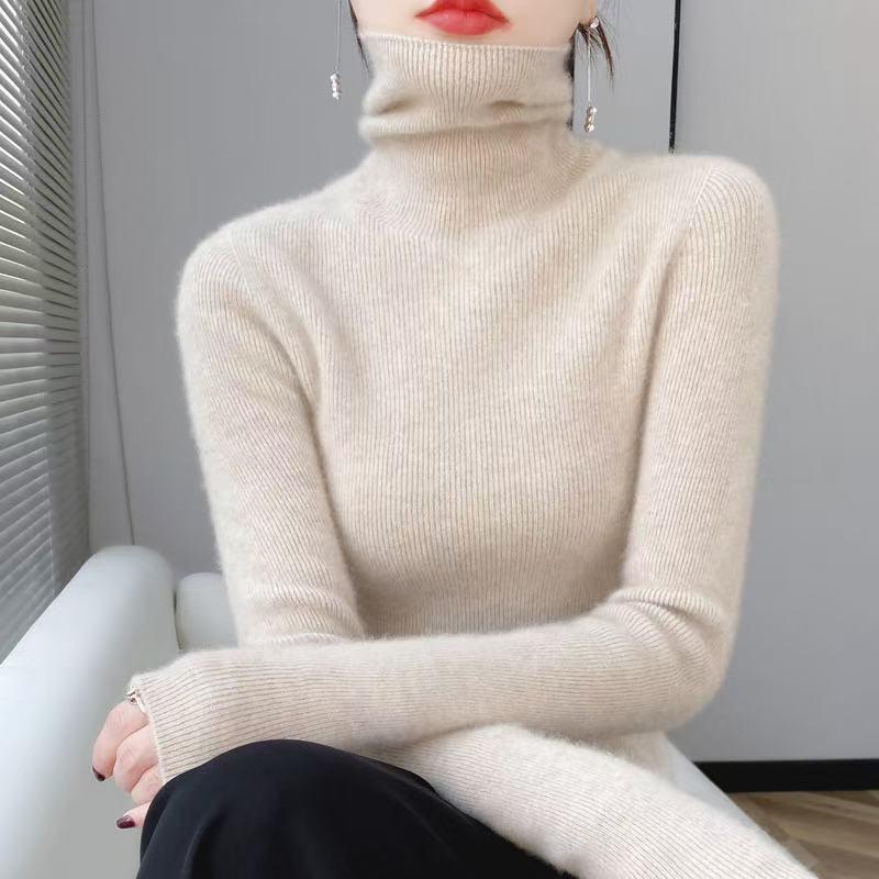 Women’s 2025 Autumn/Winter Pure Wool Sweater, Half-High Neck, Ribbed, Slim-Fit, Figure-Flattering with Cashmere Inner Layer