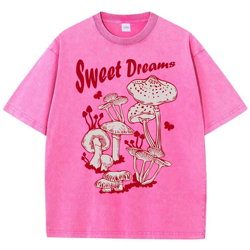 Sweet Dreams Mushroom Design Washed T-Shirt Women Summer T Shirts Cotton Top Multicolor Oversized Clothes