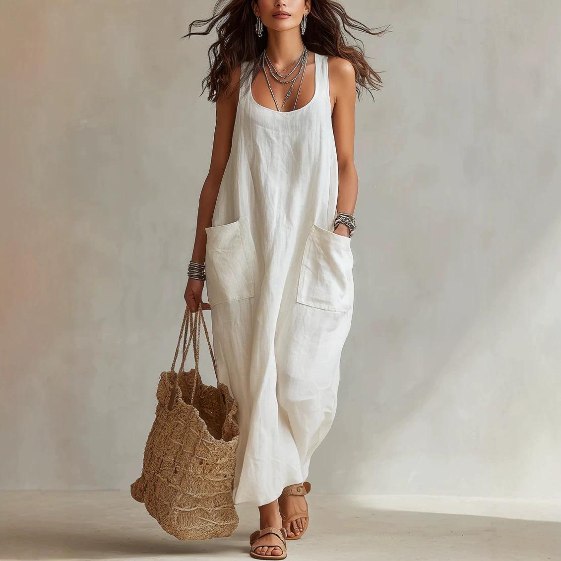 Amazon 2026 summer new European and American cotton and linen temperament casual pocket suspender long dress XS