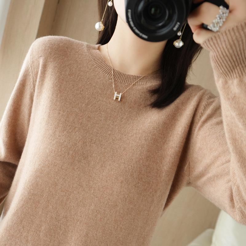 Dámský podzimní pletený svetr - Kulatý výstřih, Dlouhý rukáv, Jednobarevný, Všestranný volný střih