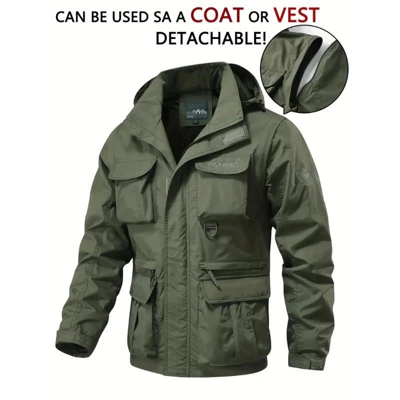 Detachable windproof sleeved hooded jacket suitable for outdoor activities men's casual waterproof multi pocket jacket vest
