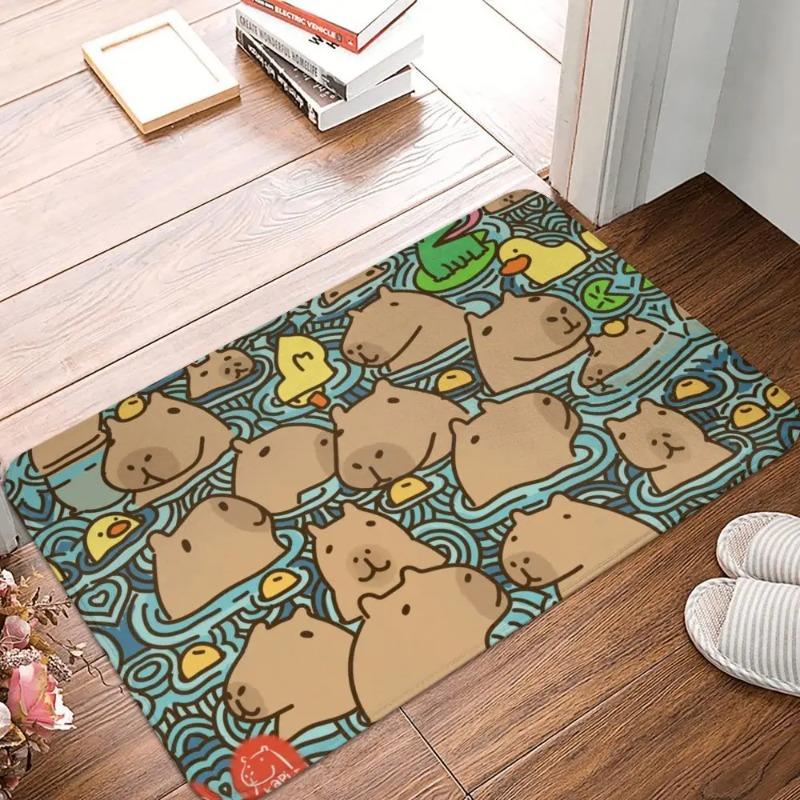 Adorable Capybara Themed Door Mat Anti-slip Entrance Rug with Boba Drinking Animal Pattern for Unique Home Decoration