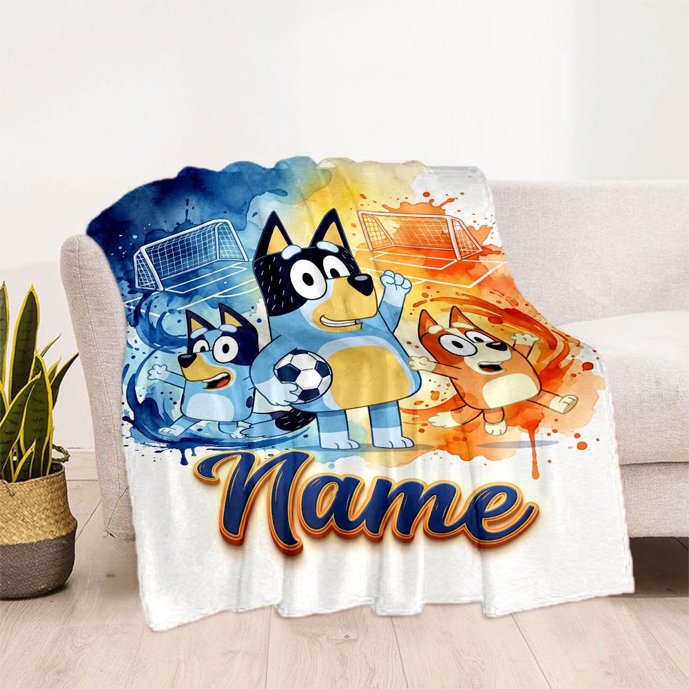 Soccer Fun Bluey Customize Text Blanket Throw Customizable Blanket Soft & Cozy Suitable for Bed Home Decor Couch Office Ideal for All Seasons