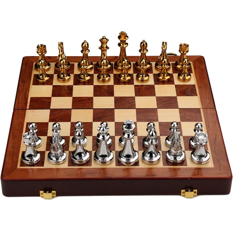 Gold Silver Luxury Zinc Alloy Chess Figures 30*30*2.8Cm Wooden Chess Set Folding Retro Home Chess Decoration Set Chessboard Game