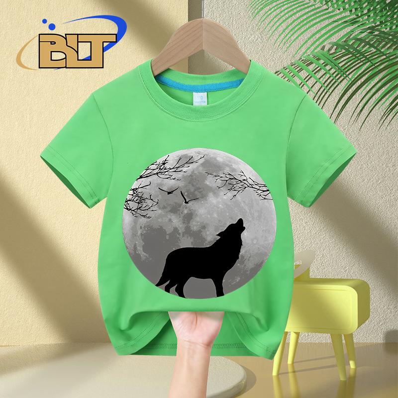 Howling Wolf printed kids Tshirt summer childrens pure cotton shortsleeved casual tops boys and girls gifts