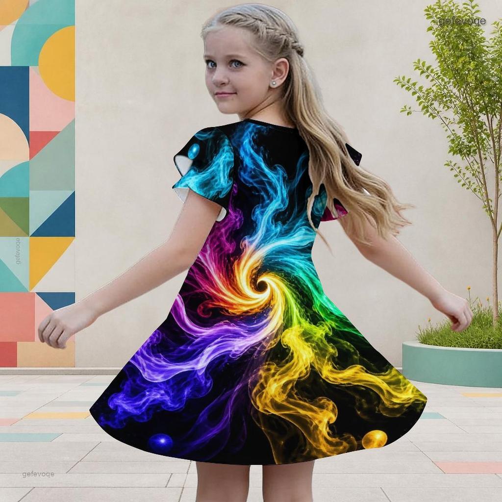 Girls Galaxy Printed Round Neck Flutter Sleeve A Line Flared Dress