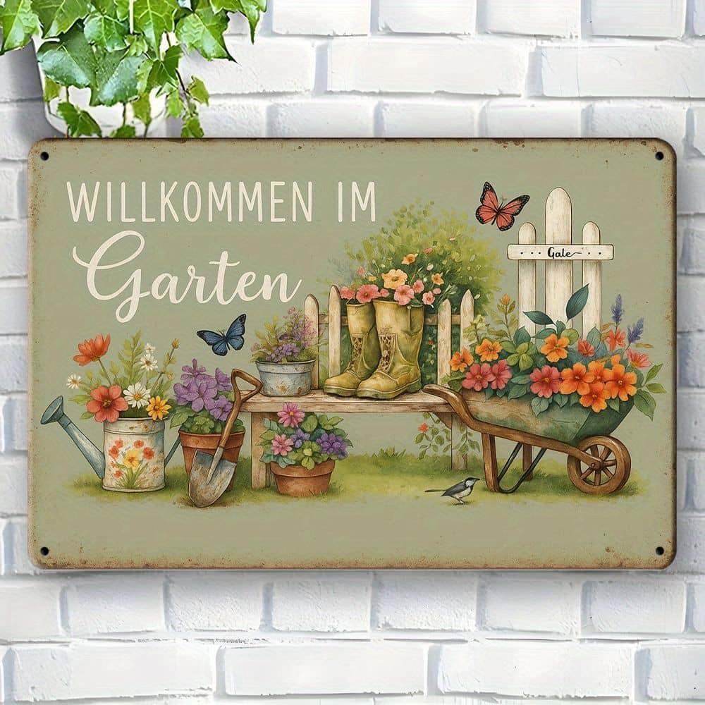 1pc Garden Metal Tin Sign, Willkommen Im Garten, Vintage Plaque Wall Art Decor For Yard Garden Porch, 20.07 X 29.97 Cm