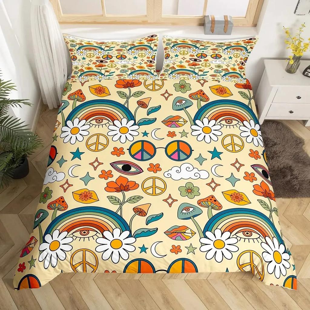 Retro 70er Jahre Hippie Stil Bettbezug Set Queen, Psychedelisches Pilz Bettwäsche Set Regenbogen Blumen Sterne Mond Bettdeckenbezug