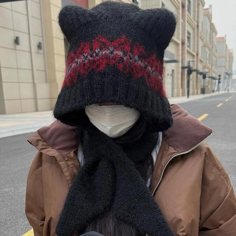 Fashion Cute Bear Scarf One-piece Hat for Women Winter Warm Knitted Scarf Hats Balaclava Ear Protection Cap Woolen Hat Beanies