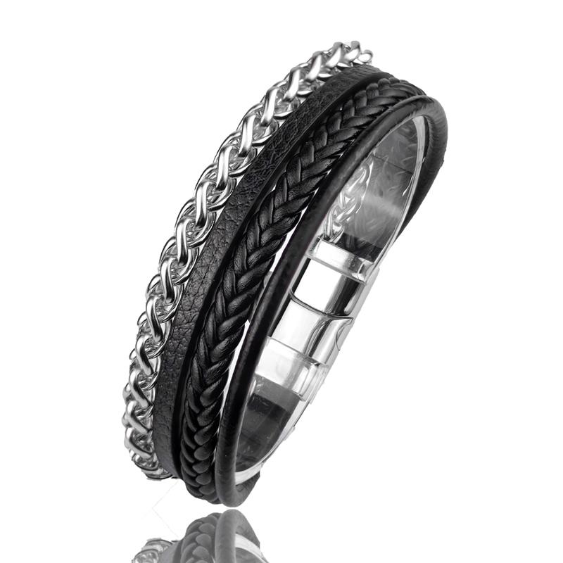 High Quality Stainless Steel Leather Bracelets For Men Six Color Punk Curb Cuban Link Chain Bracelets On the Hand Jewelry Gifts