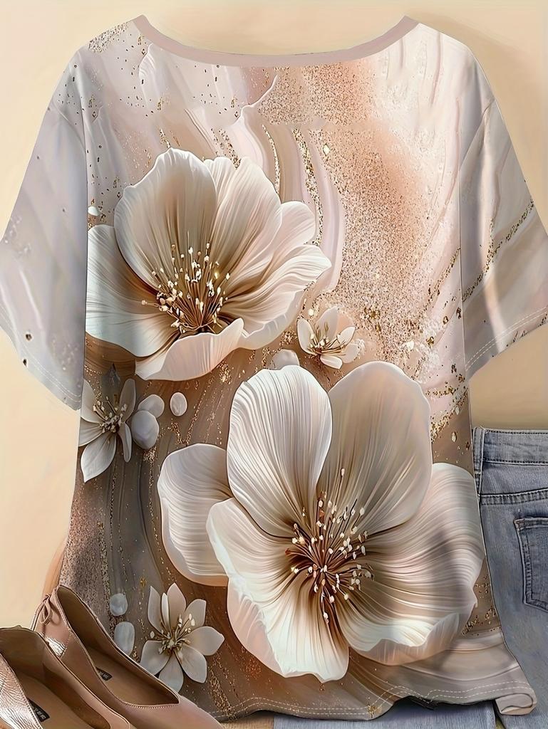 Sommer Damen Blumen T-Shirt 3D Druck Lockerer Schnitt Rundhals T-Shirts Bequeme Damenbekleidung Lässig Elegant Oversize Damen Oberteile