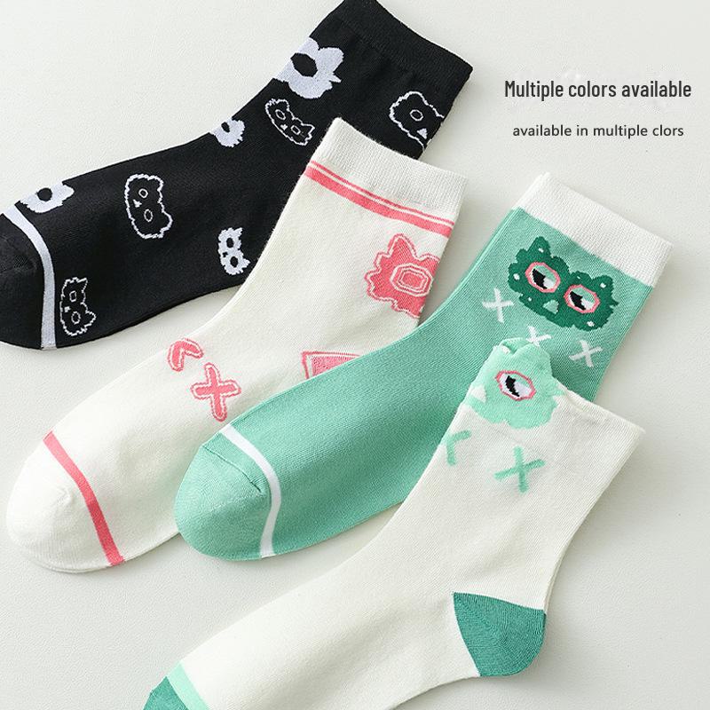 Women's Mid-Tube Lace Socks, Summer/Autumn Style, Owl Cartoon Design, Breathable and Trendy.