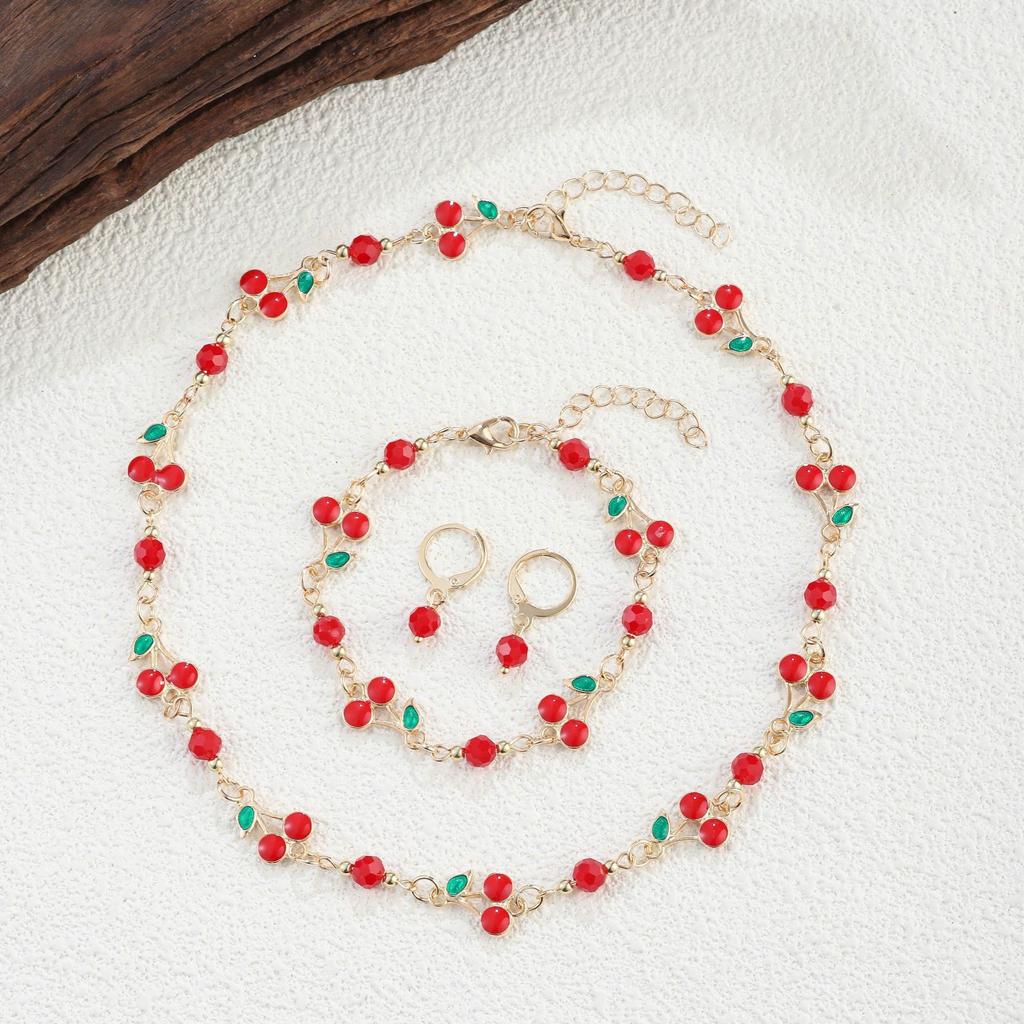 Sweet Cherry Necklace And Earring Set For Women Cute Fruit Jewelry Summer Accessories