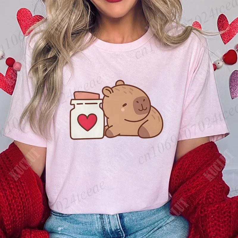 

Любовь Сердце Капибара Женская Одежда Повседневная Футболка Женская Летняя Рубашки Харадзюку Милые Графические Топы Модные Футболки на День Святого Валентина 4XL