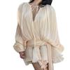 European & American Resort Style Elegant Irregular Mesh Puff Sleeve High-End Long Sleeve Dress