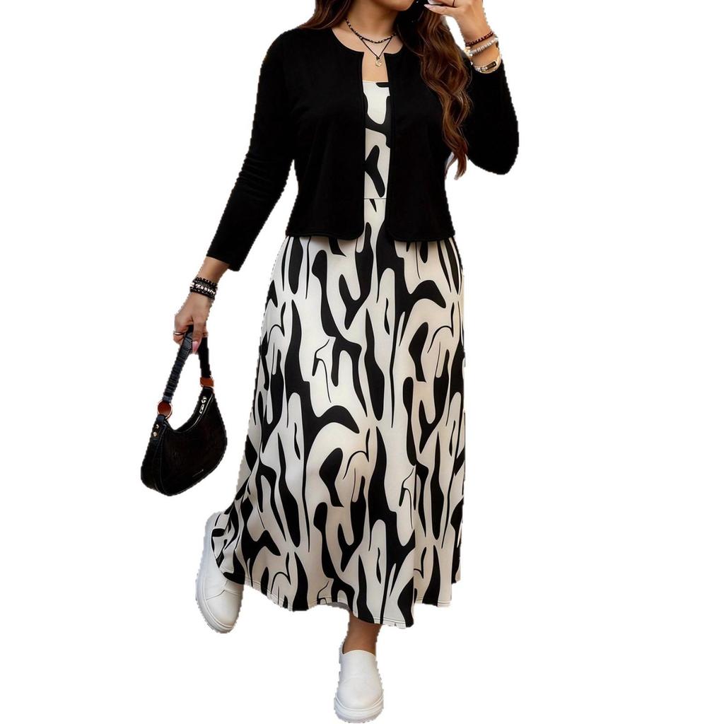 Plus Size Women's Autumn/Winter Casual Printed Skirt & Dress Set with Pockets