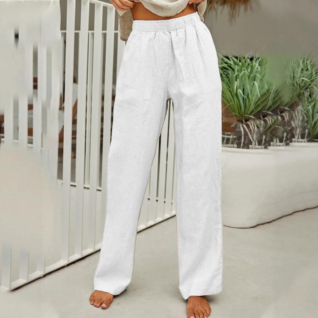 Pantaloni Casual da Donna alla Moda, Colorati, Vita Elastica, Cotone e Lino, Gamba Dritta Larga