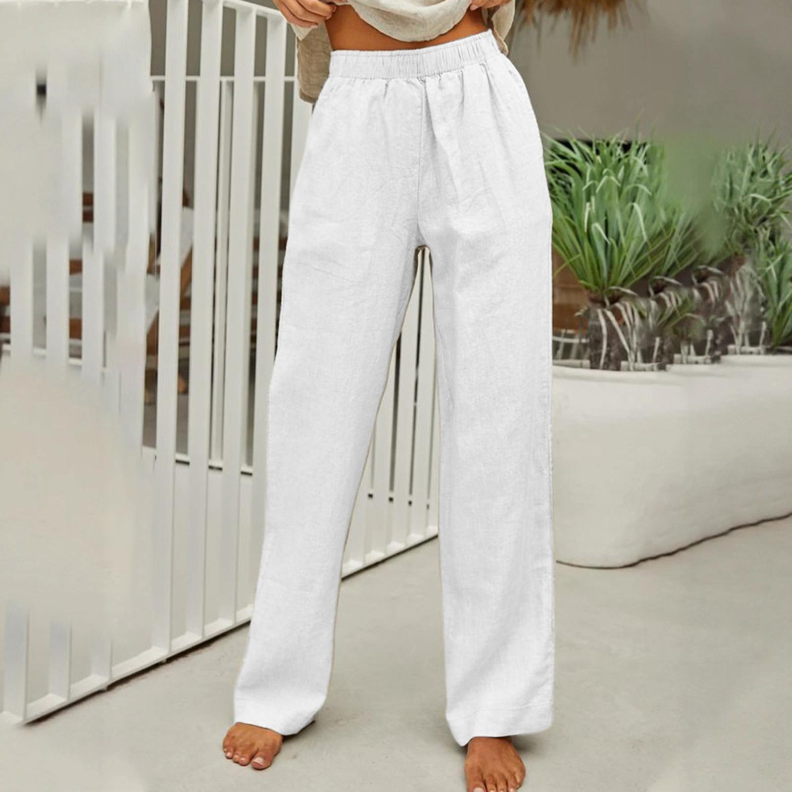 

Women s Fashionable Color Elastic Waist Cotton Linen Loose Straight Leg Casual Pants XL білий