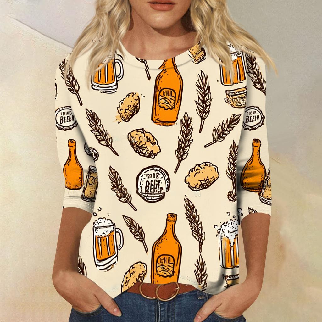 Women’s Casual Crew Neck Three Quarter Sleeve Top with Festival and Snack Print for Everyday Wear and Seasonal Events