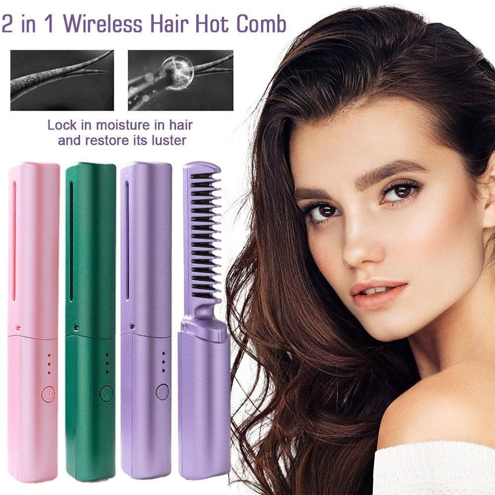 USB Lazy Wireless Hair Hot Comb 2 In 1 Fast Heating Comb Hair Straightener Home Appliances