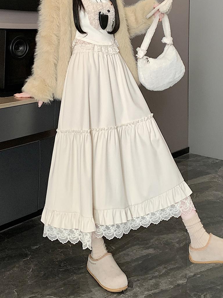 Lace Spliced Midi Skirts for Women High Waist Sweet Vintage A-line Cake Skirt Fashion Clothing Spring Autumn