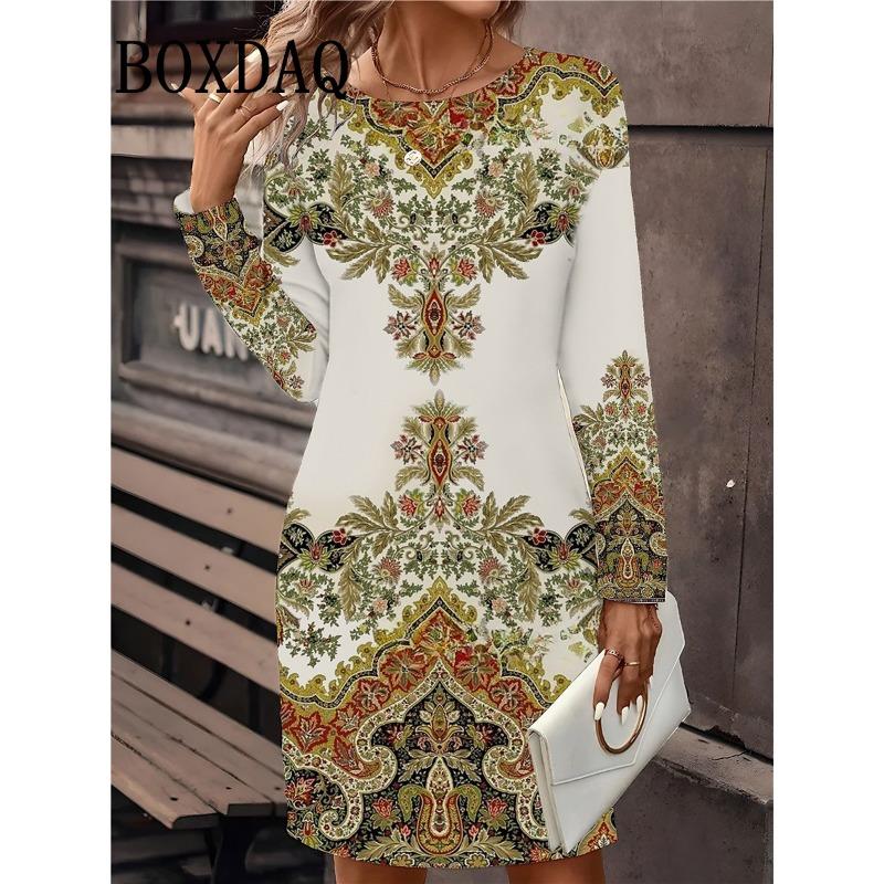 Women's Casual Long Sleeve Print Dress Fashion Autumn Winter Floral For Women Dresses Retro O-Neck Loose Ladies Dresses Vestidos