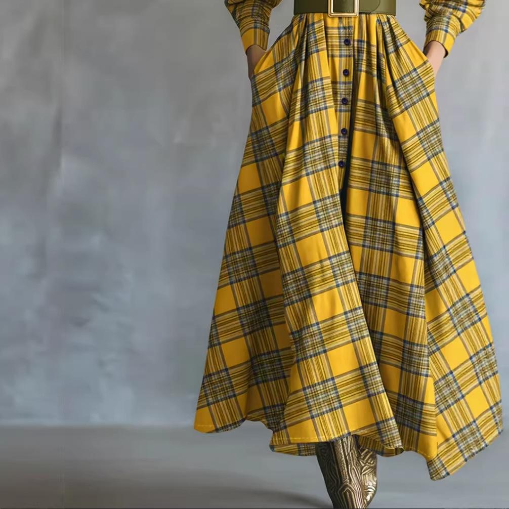 European and American French Style Retro Plaid Waist Fashionable and Elegant Big Swing Dress
