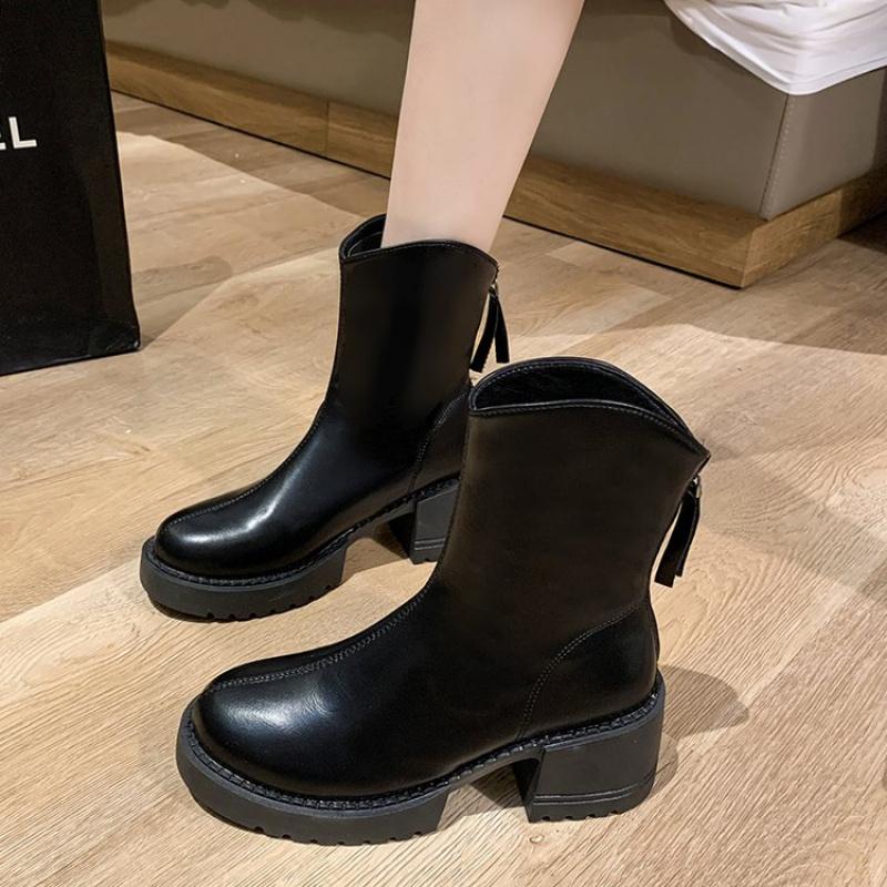 New Women'S British Style Ankle Boots - Chunky Sole Leather Booties With Rear Zipper, Fall/Winter Fashion Boots