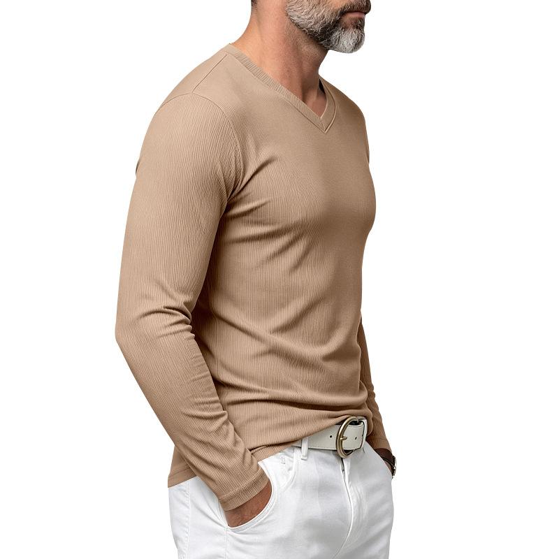 T-shirt da uomo a maniche lunghe con scollo a V a coste verticali, elasticizzata, vestibilità slim, maglia base, maglioni casual da indossare quotidianamente