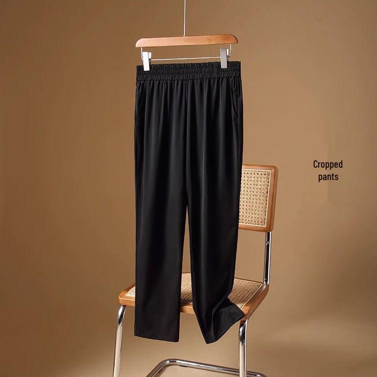 

Mom s 2026 Summer Ice Silk High-Waisted Straight-Leg Elastic Casual Cropped Pants for Middle-Aged and Elderly Women. XL for 80-100 jin