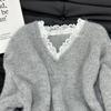 Gray Jumper Knitwear Pullovers Women Autumn Winter Clothing Lace V-neck Casual Sueter Mujer Fashion Knitted Korean Sweater