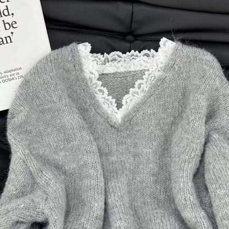 Gray Jumper Knitwear Pullovers Women Autumn Winter Clothing Lace V-neck Casual Sueter Mujer Fashion Knitted Korean Sweater