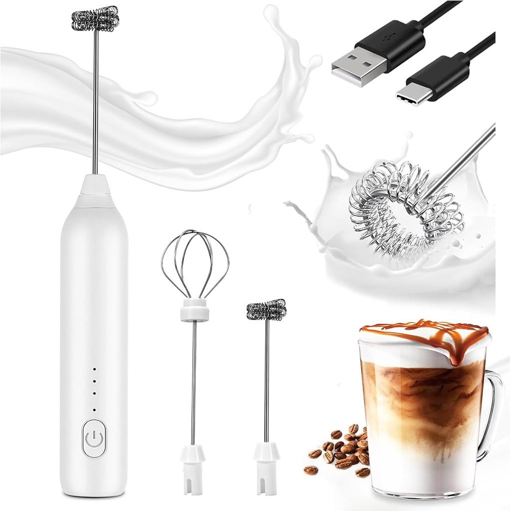 electric milk frother handheld 3 speed dual whisk stainless steel coffee foam mixer white