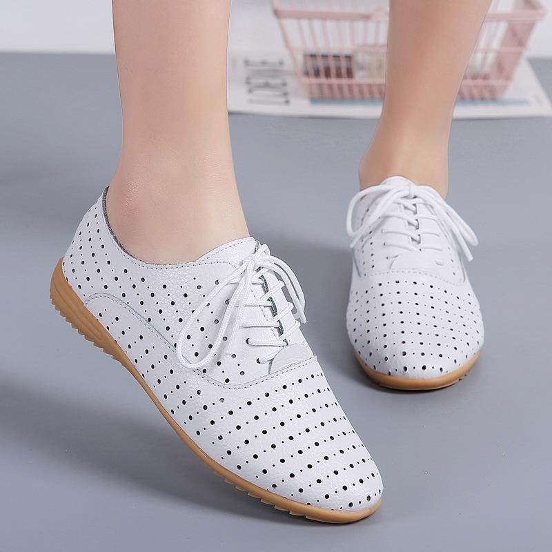 Small Leather Shoes Women's Hollow Breathable Summer Work Shoes Versatile Personalized Casual Shoes Lace-up Flat Shoes