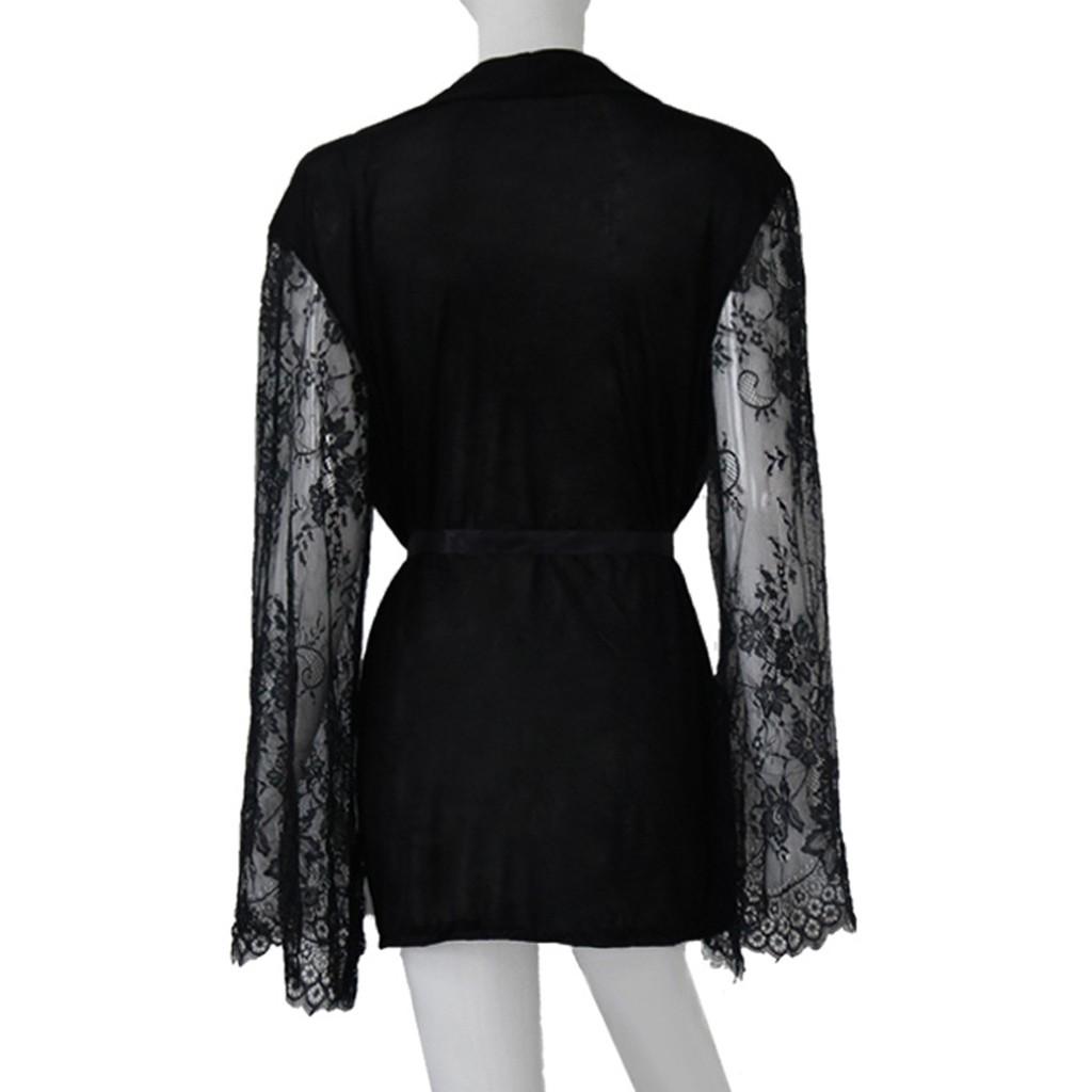 Women Satin Robe Lace Long Sleeve Silk Lingerie Bathrobe Belt Loose Nightgowns