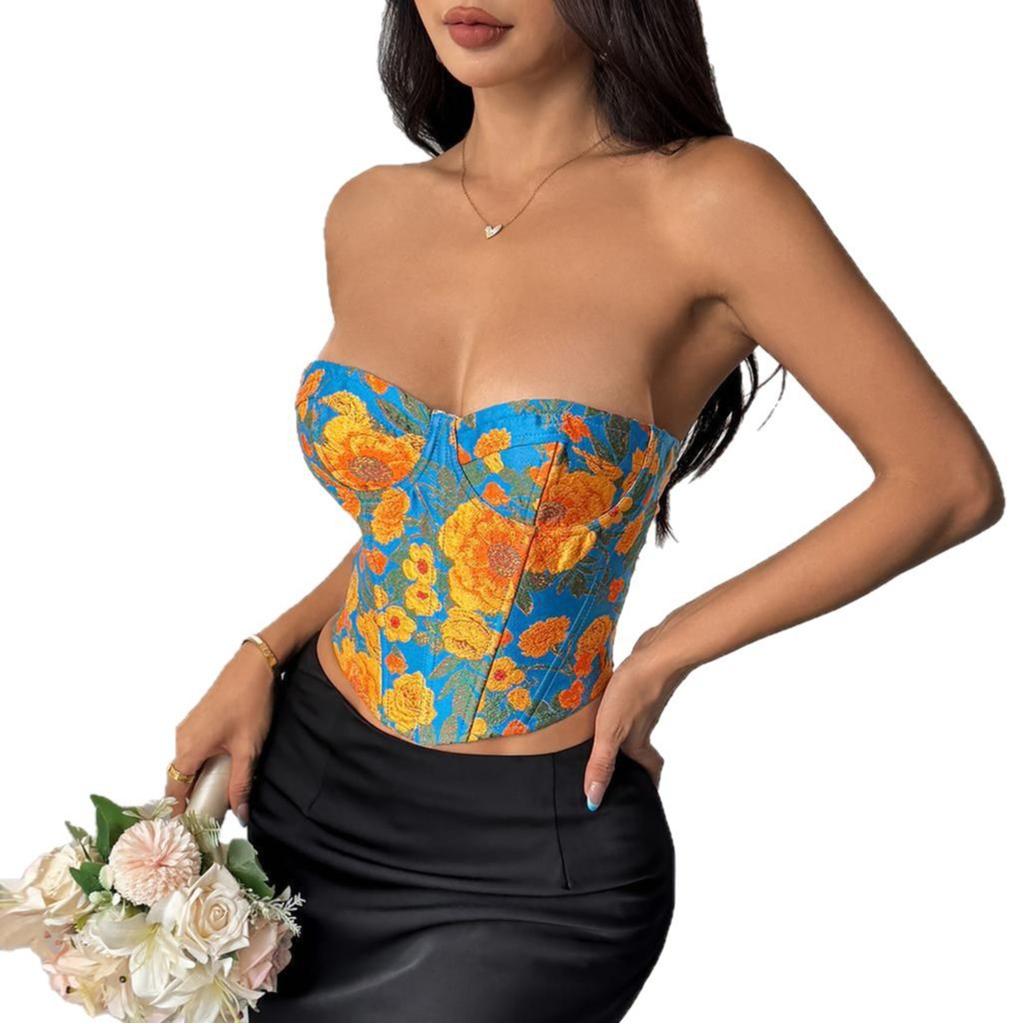 European and American style women's clothing French retro jacquard oil painting color fish bone slim vest lace-up corset women