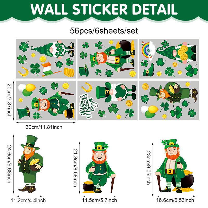 St. Patrick’s Day Window Clings Shamrock 4 Leaf Clover Irish Gnome Cartoon Glass Sticker Static Removable Holiday Decor