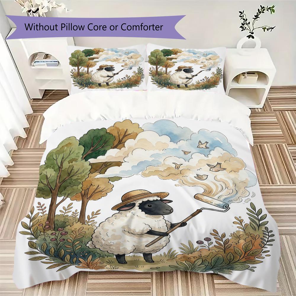 Rural Story Sheep Pattern Bedding Uilt Set Uilt Cover Pillowcase Home Decoration Birthday Gift (1 * Duvet Cover + 2 * Pillowcase Without Core)