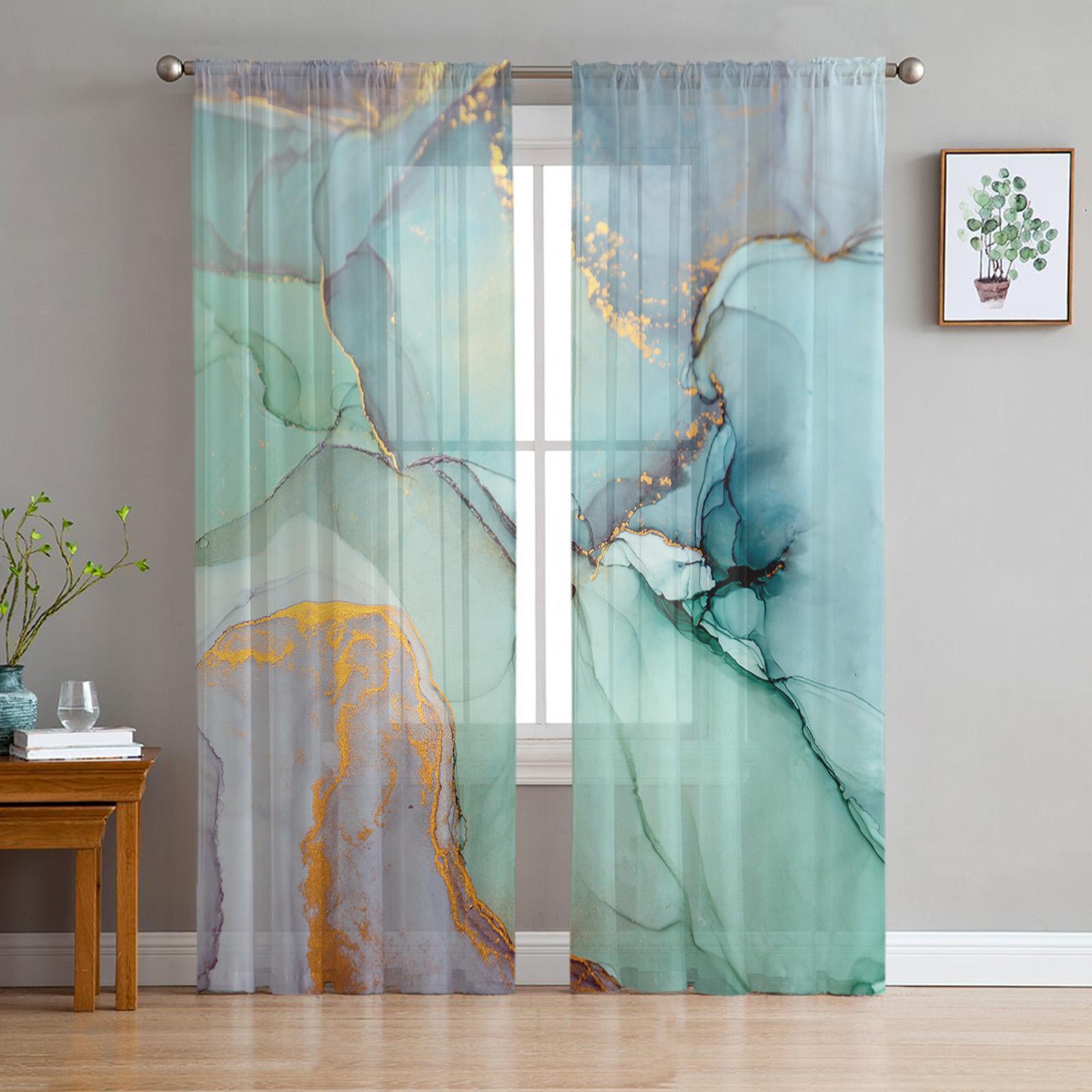 Luxe Tule Gordijnen Marmer Phnom Penh Inkt Woonkamer Keuken Chiffon Gordijn Jeugdslaapkamer Transparant Vloer Valgordijn 135W x 114H(cm)