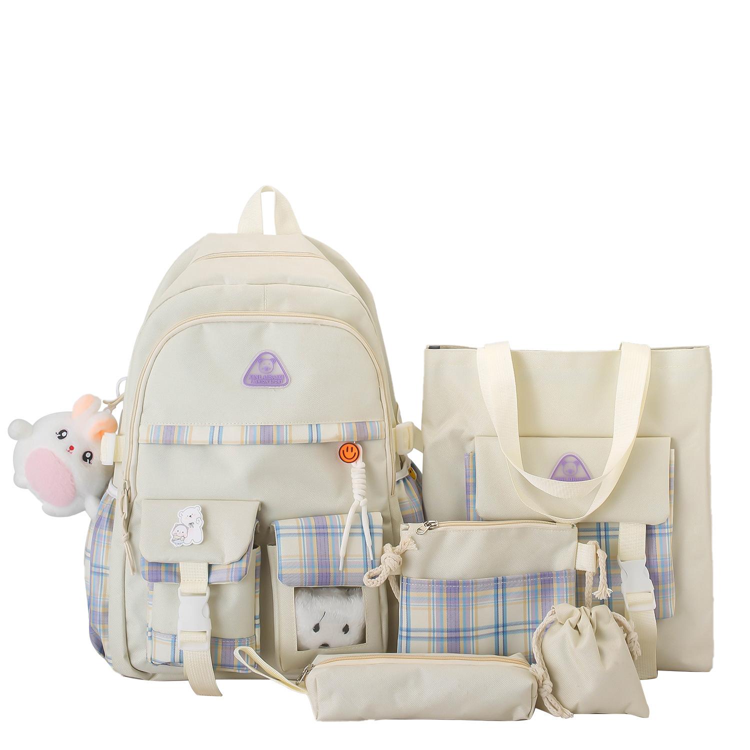 

School bag, girl feeling, small and fresh, middle school student school bag, five-piece set, fashionable plaid, large-capacity backpack set bag