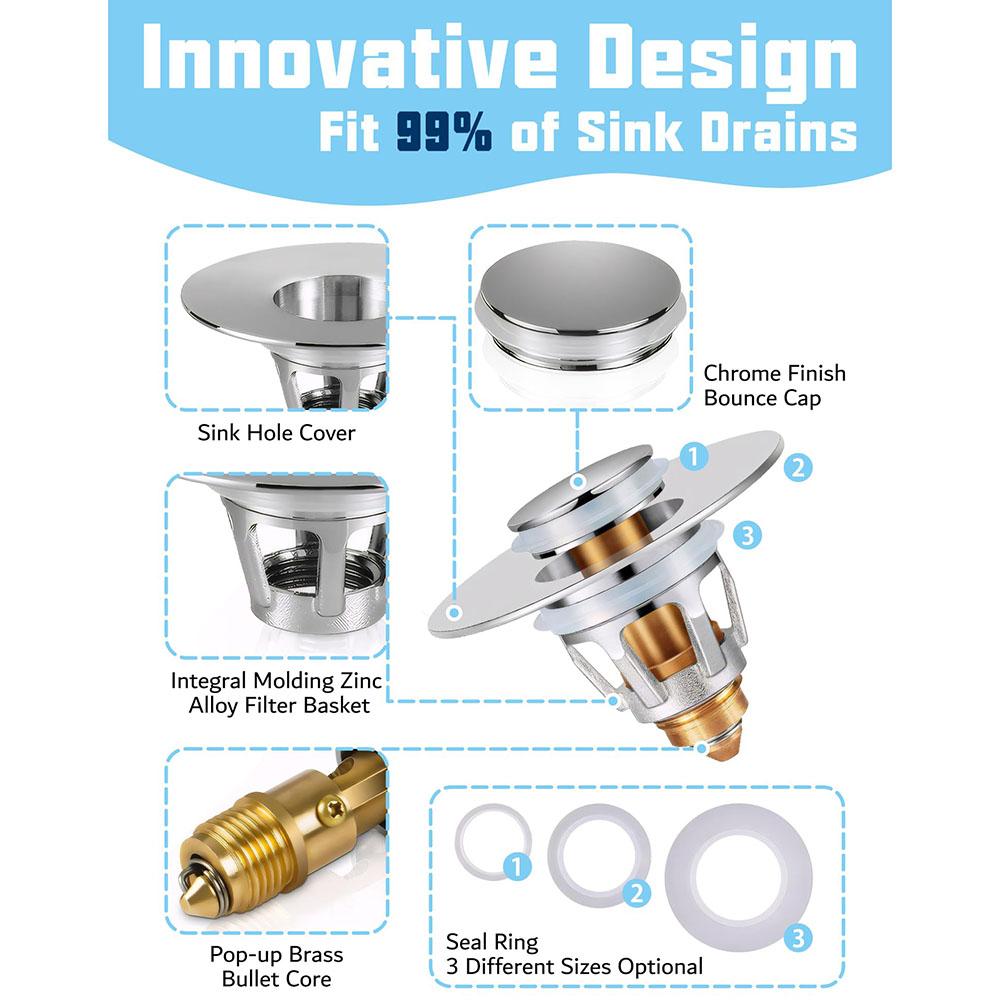 Sink Drain Stopper Bathroom Basin Universal Push Button Pop Up Plug Anti Clog Hair Catcher